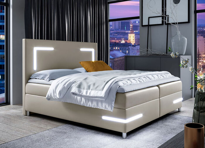 Boxspringbett mit LED-Beleuchtung und Topper CAPPUCCINO