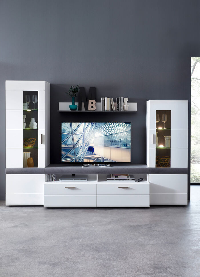 Schicke Wohnwand mit LED-Beleuchtung WEISS-BETON