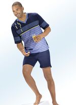 Shorty mit V-Ausschnitt und Ringeldruck vorne und an den Ärmeln 