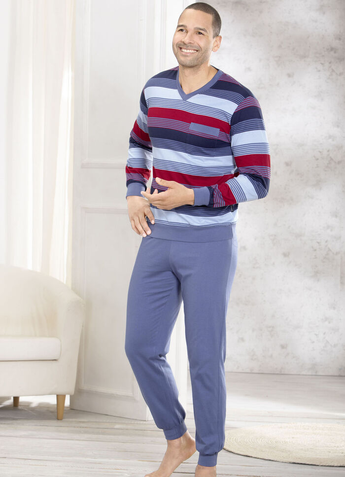 Zweierpack Schlafanzüge mit V-Ausschnitt und aufgesetzter Brusttasche in Ringeldessin 