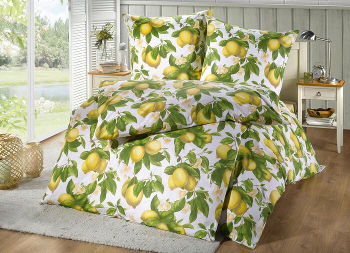 Beidseitig bedruckte Bettw&auml;sche-Garnitur mit Zitronen-Dessin GELB
