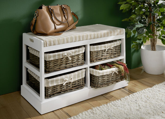 Sitzbank aus massivem Holz mit Weidenkörben WEISS-BRAUN