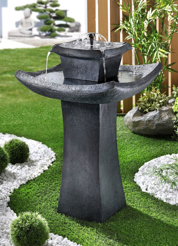 Solarbrunnen Pagode in t&auml;uschend echter Steinoptik 