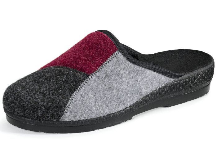 Klassische Damen-Hausschuhe, Weite H, im Textil-Materialmix GRAU-BORDEAUX