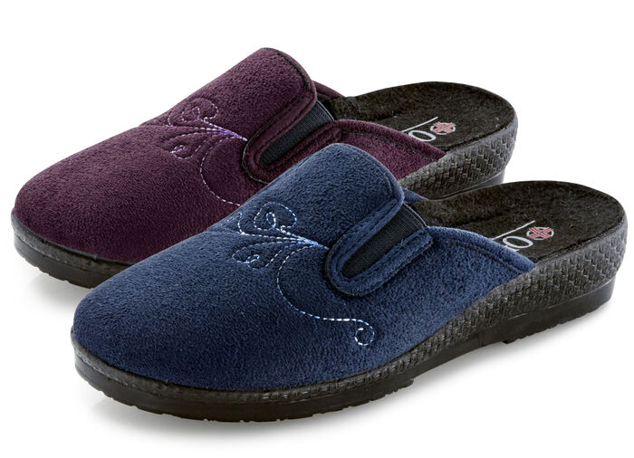 Zweierpack, klassische Damen-Hausschuhe, Weite H, mit Gummizug 1x MARINE 1x CHIANTI