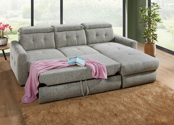 Polsterecke mit Bettfunktion und Bettkasten GRAU-GRÜN