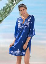 Tunika mit weißer Stickerei sowie Seitenschlitzen, reine Baumwolle ROYALBLAU-WEISS