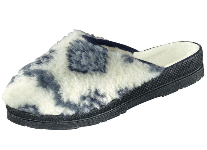 Pantoffel aus bedrucktem Pl&uuml;schmaterial ECRU-BLAU