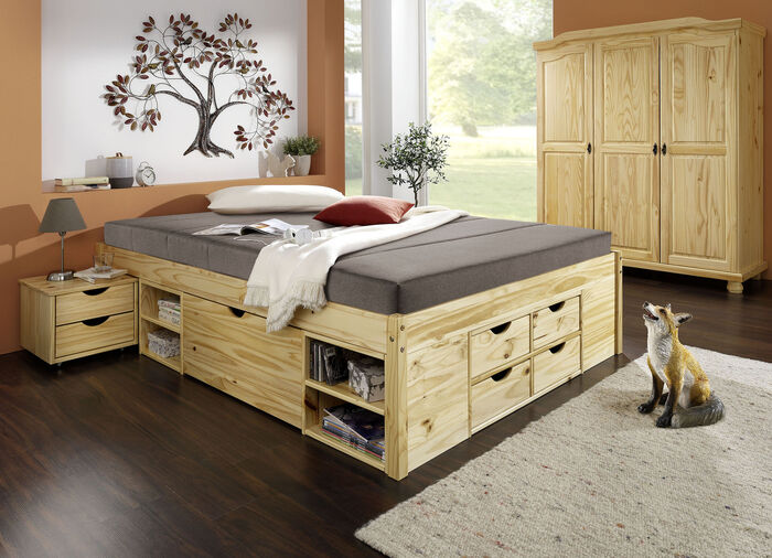 Funktionsbett aus massivem Kiefernholz NATUR