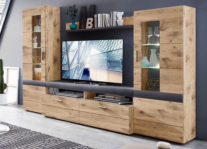 Schicke Wohnwand mit LED-Beleuchtung EICHE-GRAPHIT