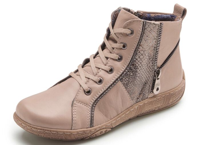 Andrea Conti Schn&uuml;r-Bootie mit reptilgepr&auml;gtem Einsatz und Zier-Rei&szlig;verschluss TAUPE