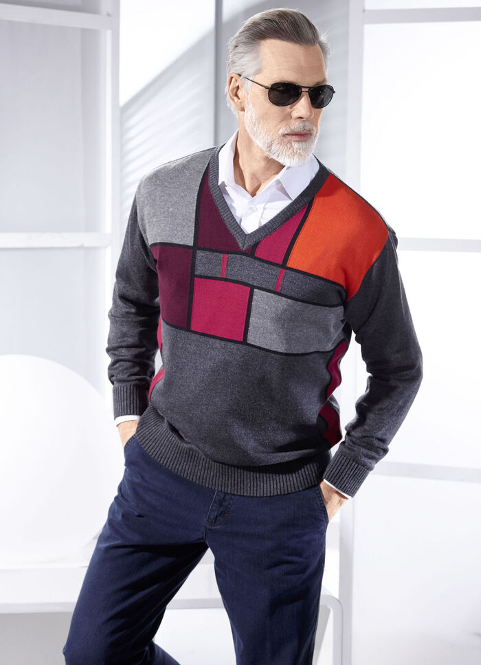 Interessanter V-Pullover mit Grafikmuster 