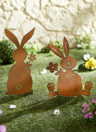 Gartenstecker Osterhasen aus gerostetem Stahl, 2er-Set 