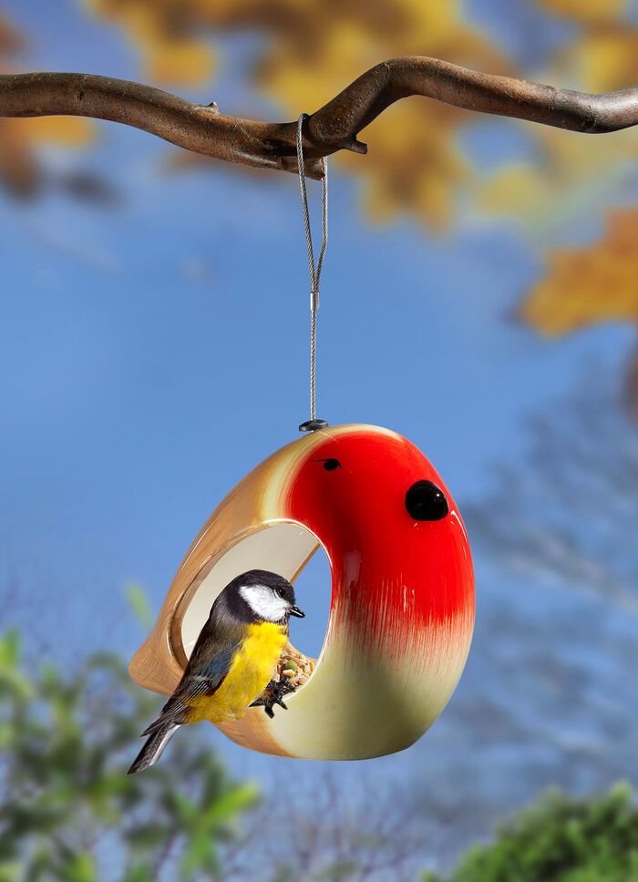 Handbemalte Futterstelle Vogel aus Keramik 