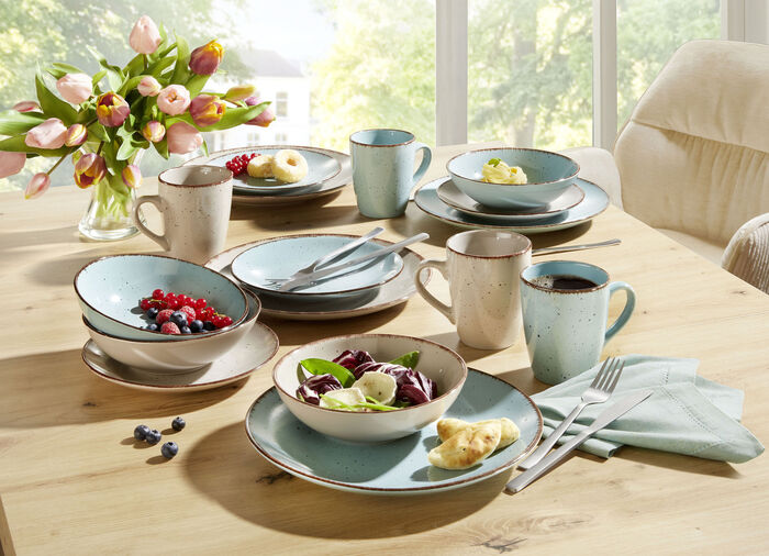 Kombi-Service, 16-teilig, aus Feinsteinzeug im Natur-Look BEIGE-T&Uuml;RKIS