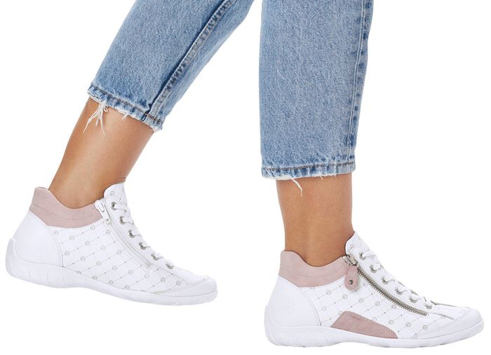 Remonte Schn&uuml;r-Bootie aus bedrucktem und metallisch schimmerndem Synthetikmaterial WEISS-PUDERROS&Eacute;