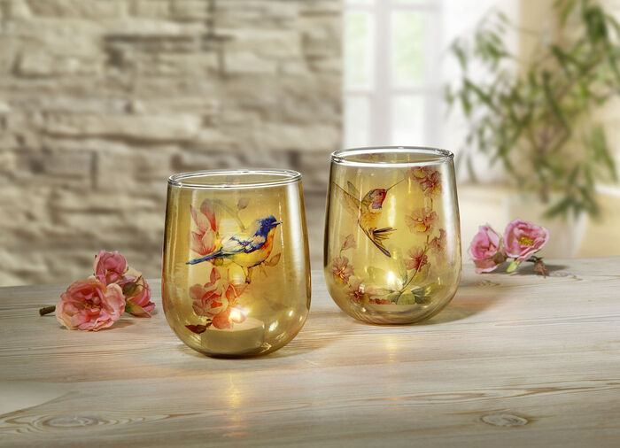 Glas-Windlicht mit V&ouml;gelchen-Szene, 2er-Set 