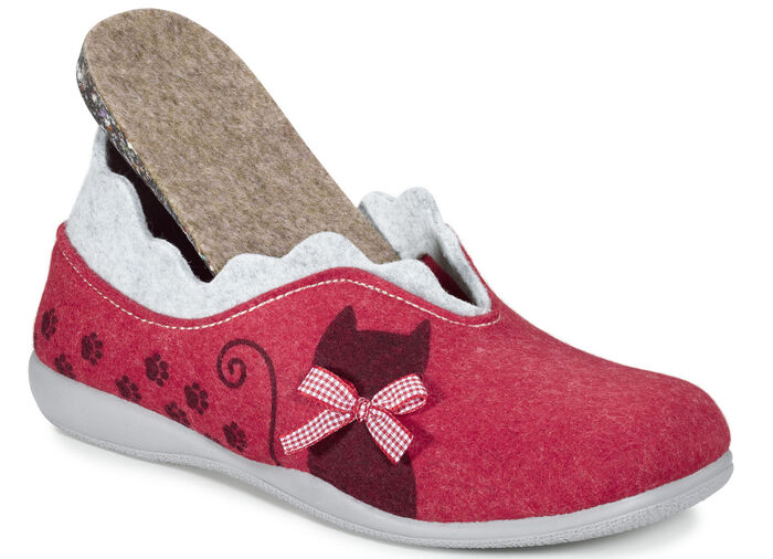 Laurina Filz-Hausschuh mit frechem Katzendruck ROT-HELLGRAU