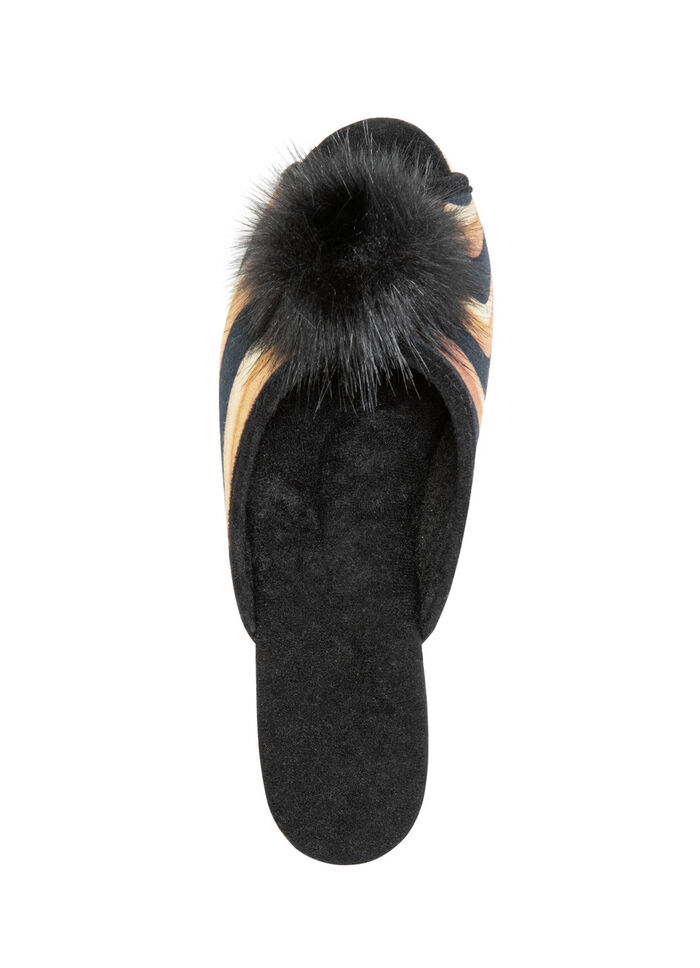 ELENA EDEN, schicke Damen-Pantoletten, Weite G, mit Kunstfellpompon BRAUN-SCHWARZ