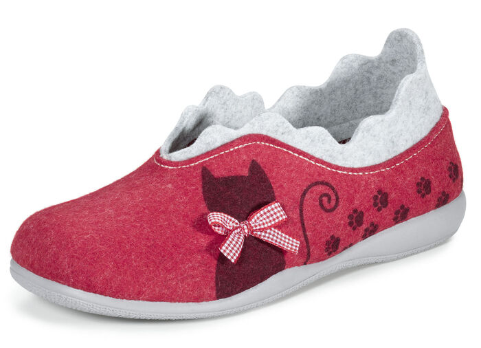 Laurina Filz-Hausschuh mit frechem Katzendruck ROT-HELLGRAU