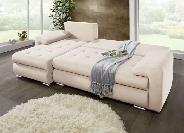 Polsterecke mit Bettfunktion und Bettkasten CREME
