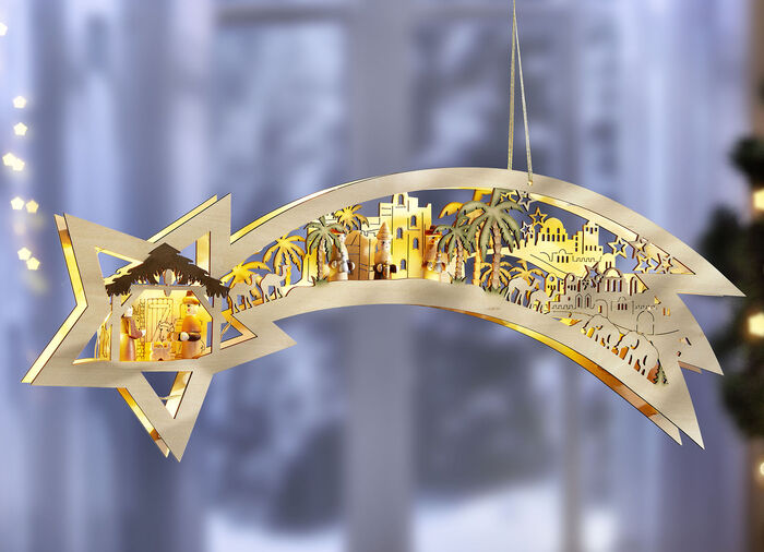 Beleuchtete Sternschnuppe aus Holz 