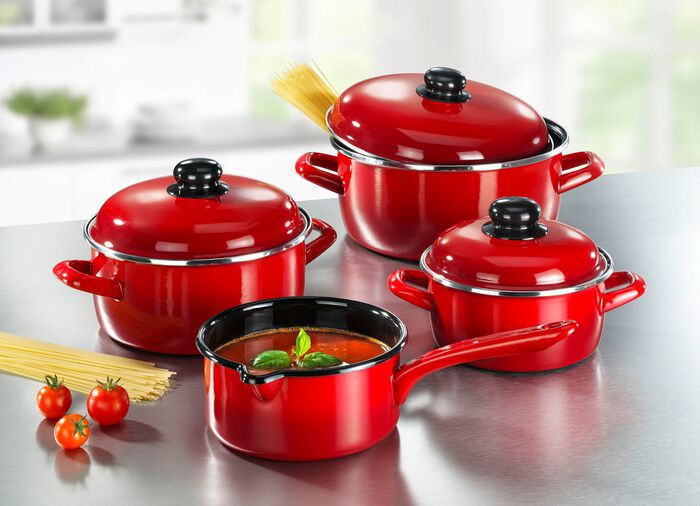 Topf-Set, 7-teilig, aus widerstandsf&auml;higem Stahl-Emaille von GSW ROT