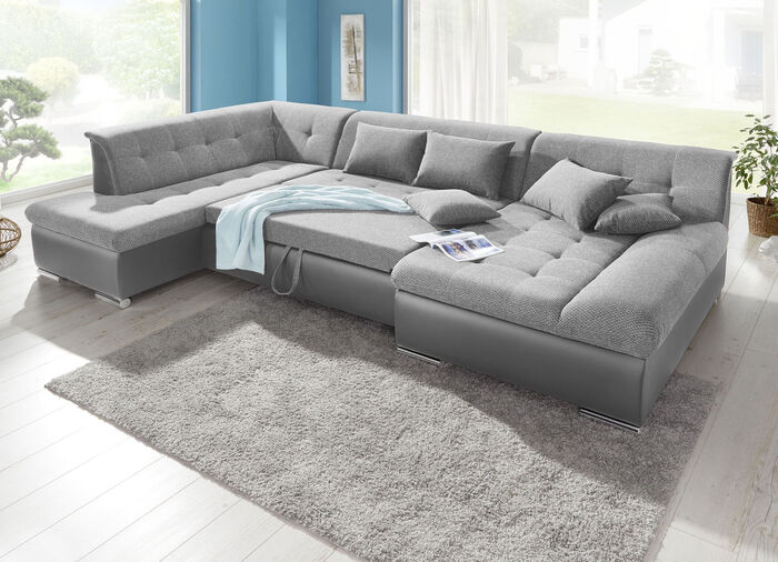 Wohnlandschaft mit Bettfunktion GRAU-SILBER