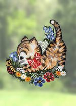 Fensterbild K&auml;tzchen aus echter Plauener Spitze 