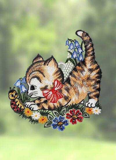 Fensterbild K&auml;tzchen aus echter Plauener Spitze 