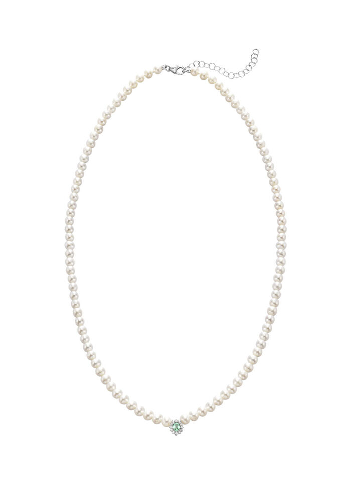 Halskette mit Süßwasser-Zuchtperlen, echt Smaragd und Brillanten 