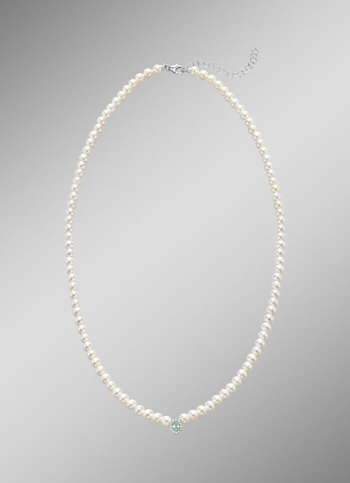 Halskette mit Süßwasser-Zuchtperlen, echt Smaragd und Brillanten 
