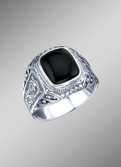 In massiver Ausf&uuml;hrung: stilvoller Herrenring mit echt Onyx 