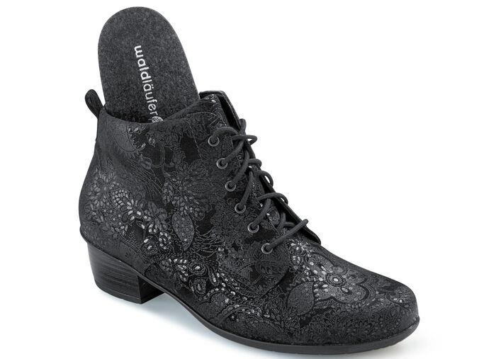 Waldl&auml;ufer Schn&uuml;r-Stiefelette mit floraler Pr&auml;gung SCHWARZ