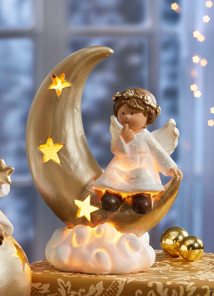 Beleuchteter Engel aus Keramik WEISS-GOLD