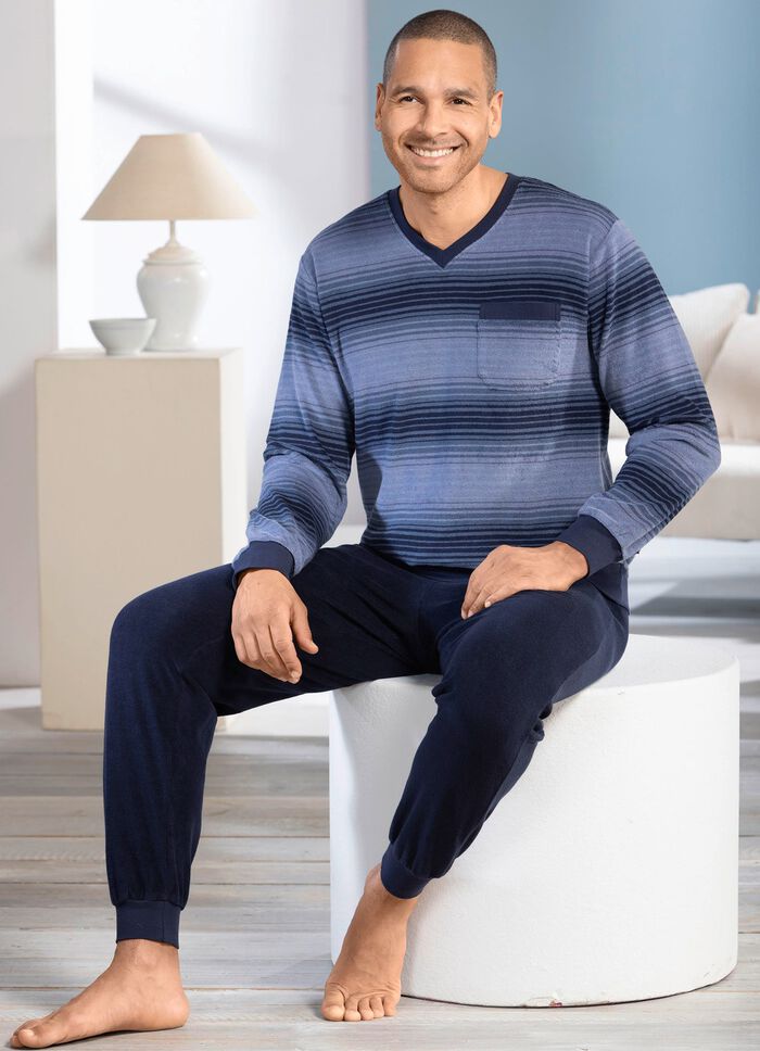 Frottier-Schlafanzug mit V-Ausschnitt und B&uuml;ndchenabschl&uuml;ssen 