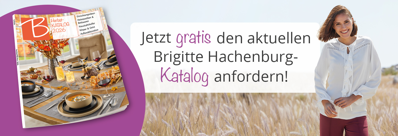 Werbung für den kostenlosen Brigitte-Hachenburg-Katalog mit lächelnder Frau und gedecktem Tisch